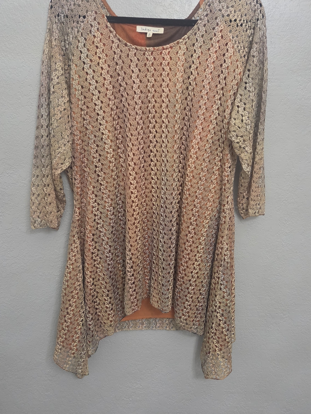 indigo soul Tan and Cream Open-Knit Scoop-Neck Tunic Sweater